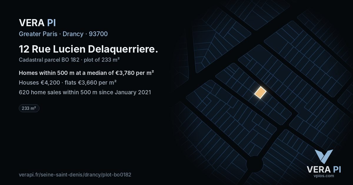 12 Rue Lucien Delaquerriere, Drancy at night – the plot lit, the parcels around coloured by the prices near them
