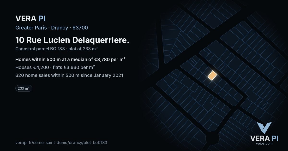 10 Rue Lucien Delaquerriere, Drancy at night – the plot lit, the parcels around coloured by the prices near them