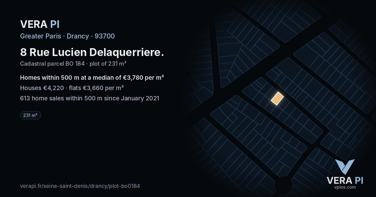 8 Rue Lucien Delaquerriere, Drancy at night – the plot lit, the parcels around coloured by the prices near them