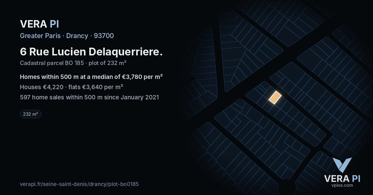6 Rue Lucien Delaquerriere, Drancy at night – the plot lit, the parcels around coloured by the prices near them