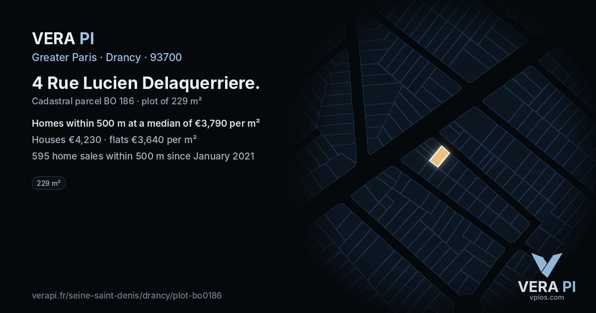4 Rue Lucien Delaquerriere, Drancy at night – the plot lit, the parcels around coloured by the prices near them