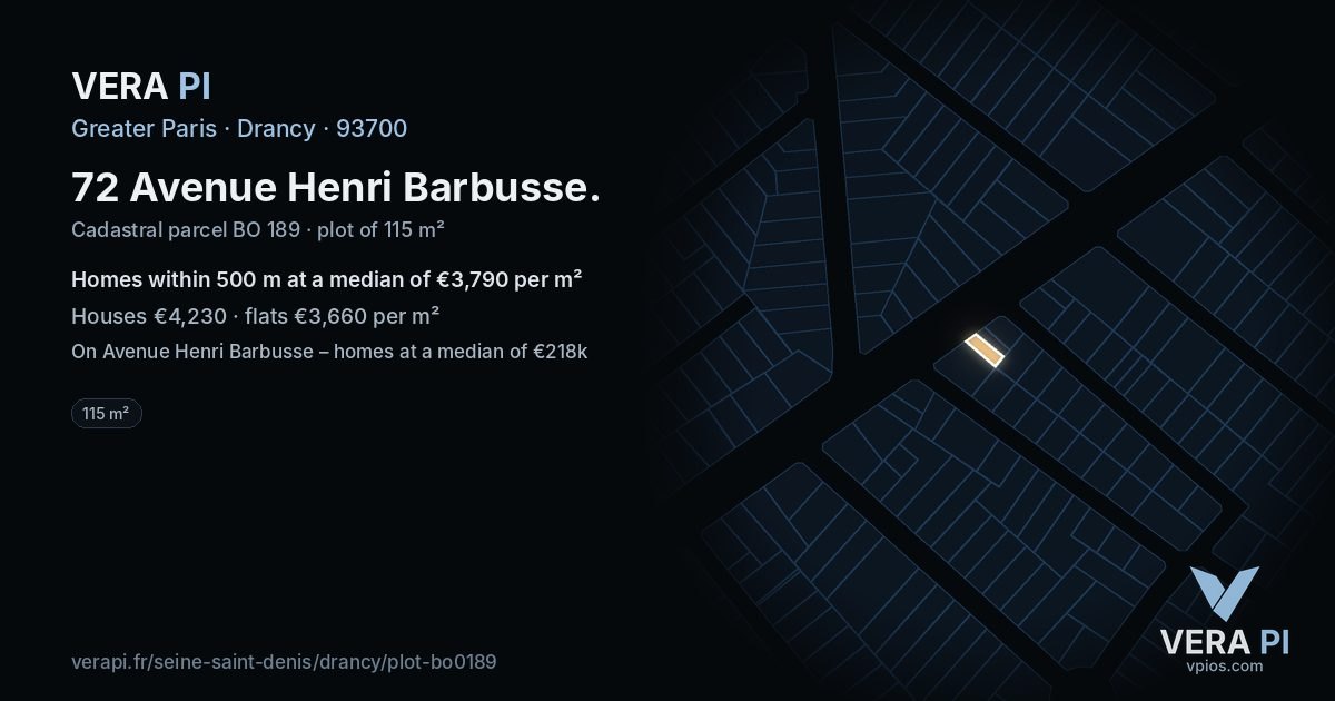 72 Avenue Henri Barbusse, Drancy at night – the plot lit, the parcels around coloured by the prices near them