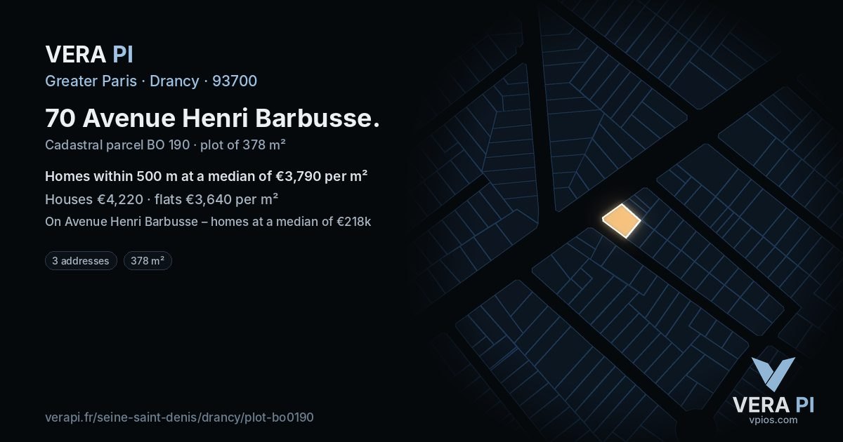 70 Avenue Henri Barbusse, Drancy at night – the plot lit, the parcels around coloured by the prices near them