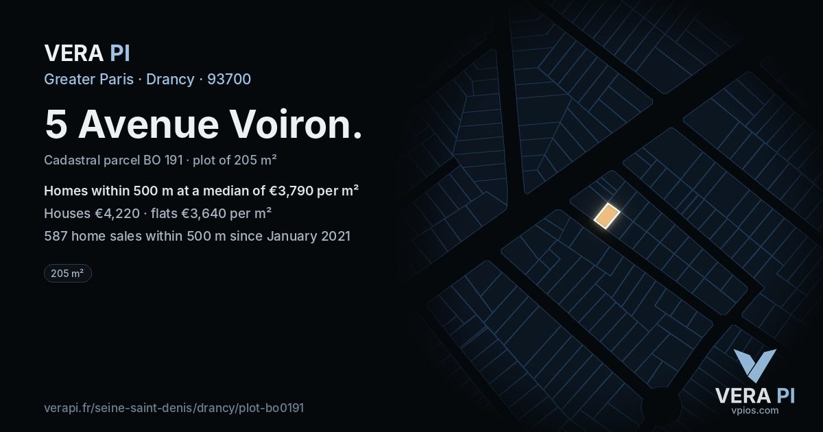 5 Avenue Voiron, Drancy at night – the plot lit, the parcels around coloured by the prices near them