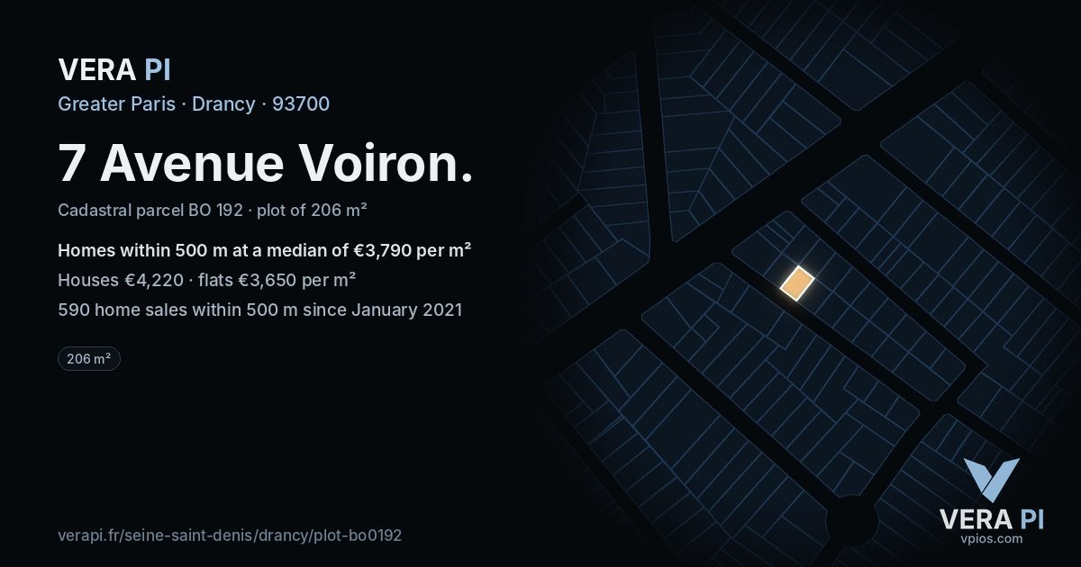 7 Avenue Voiron, Drancy at night – the plot lit, the parcels around coloured by the prices near them