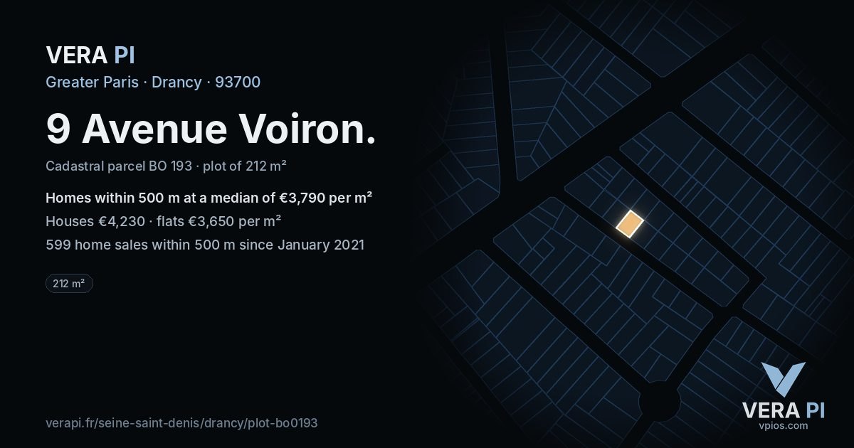9 Avenue Voiron, Drancy at night – the plot lit, the parcels around coloured by the prices near them