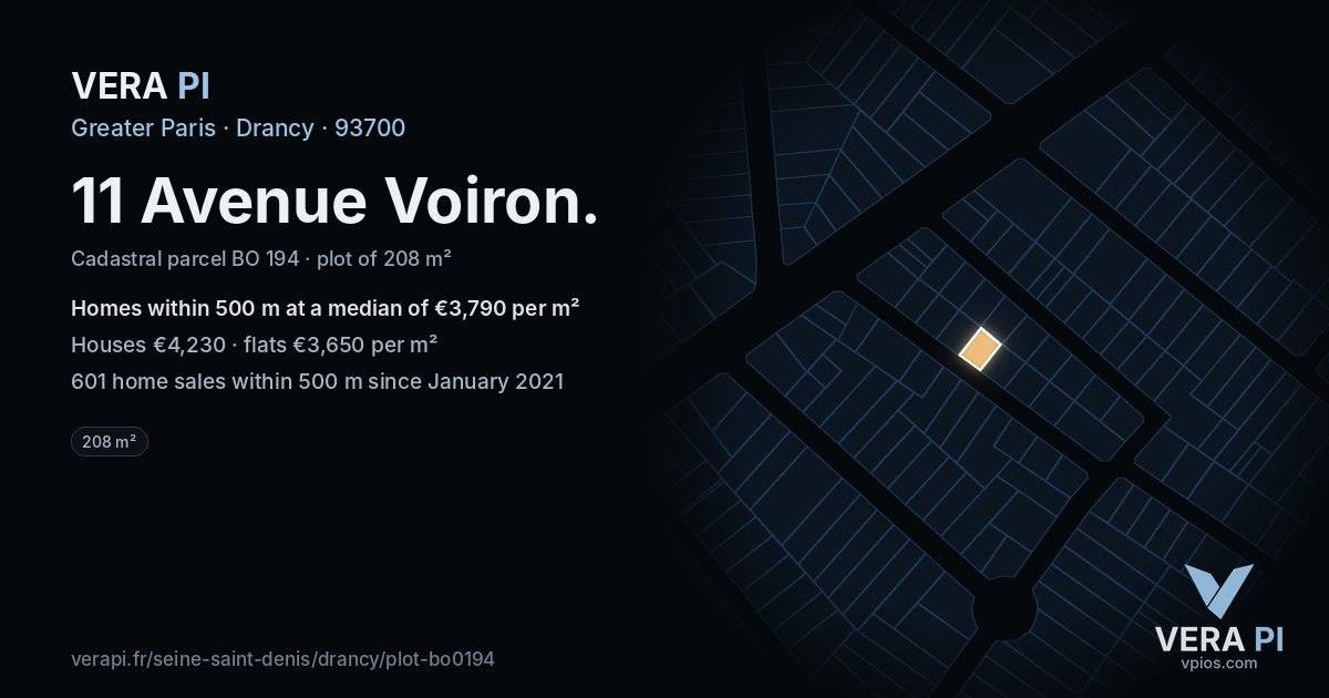 11 Avenue Voiron, Drancy at night – the plot lit, the parcels around coloured by the prices near them