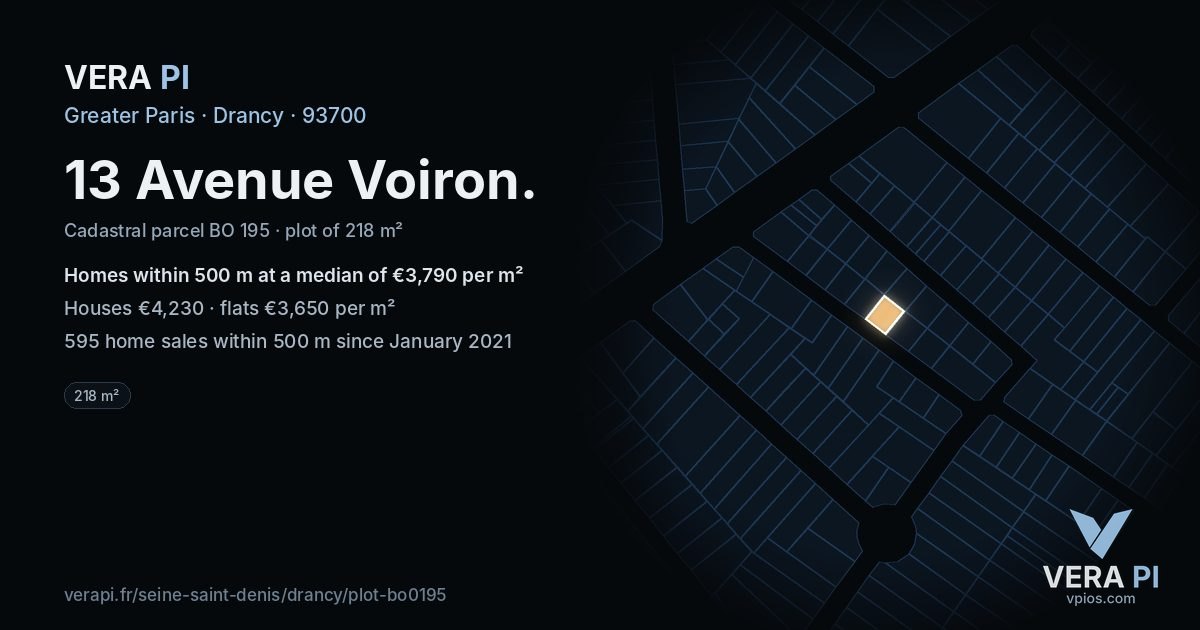 13 Avenue Voiron, Drancy at night – the plot lit, the parcels around coloured by the prices near them