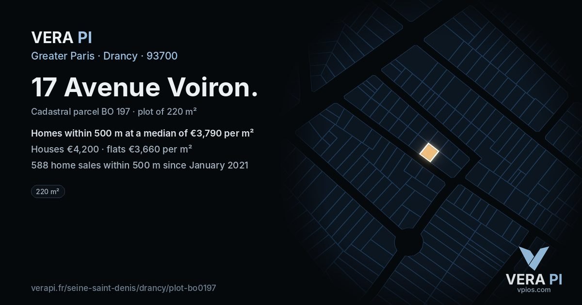 17 Avenue Voiron, Drancy at night – the plot lit, the parcels around coloured by the prices near them