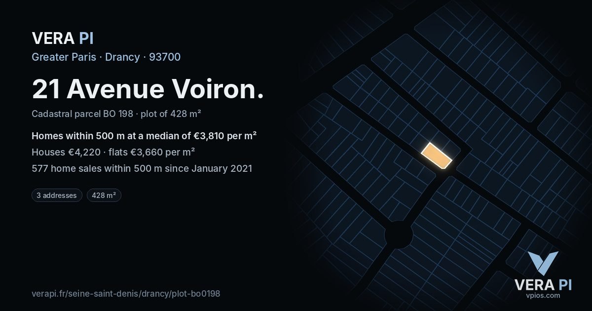 21 Avenue Voiron, Drancy at night – the plot lit, the parcels around coloured by the prices near them