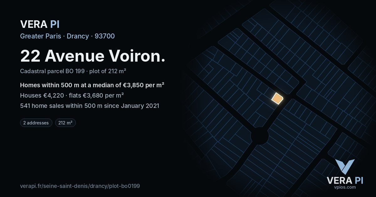 22 Avenue Voiron, Drancy at night – the plot lit, the parcels around coloured by the prices near them