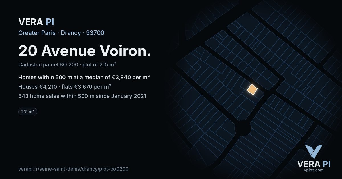 20 Avenue Voiron, Drancy at night – the plot lit, the parcels around coloured by the prices near them