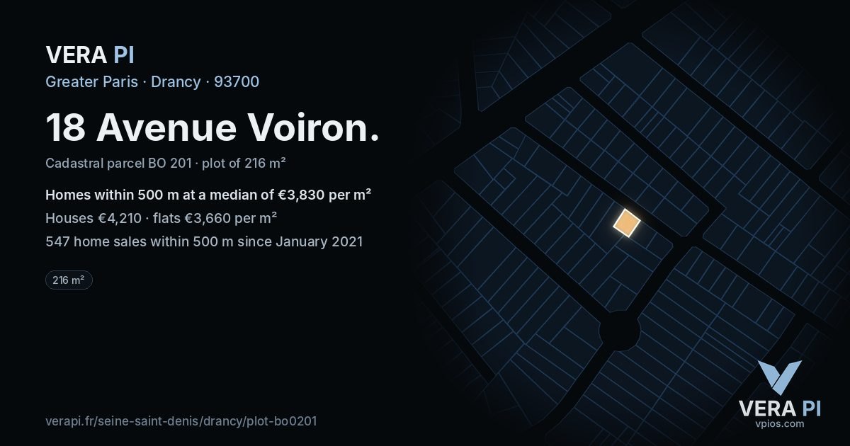 18 Avenue Voiron, Drancy at night – the plot lit, the parcels around coloured by the prices near them