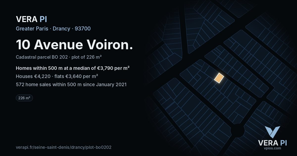 10 Avenue Voiron, Drancy at night – the plot lit, the parcels around coloured by the prices near them