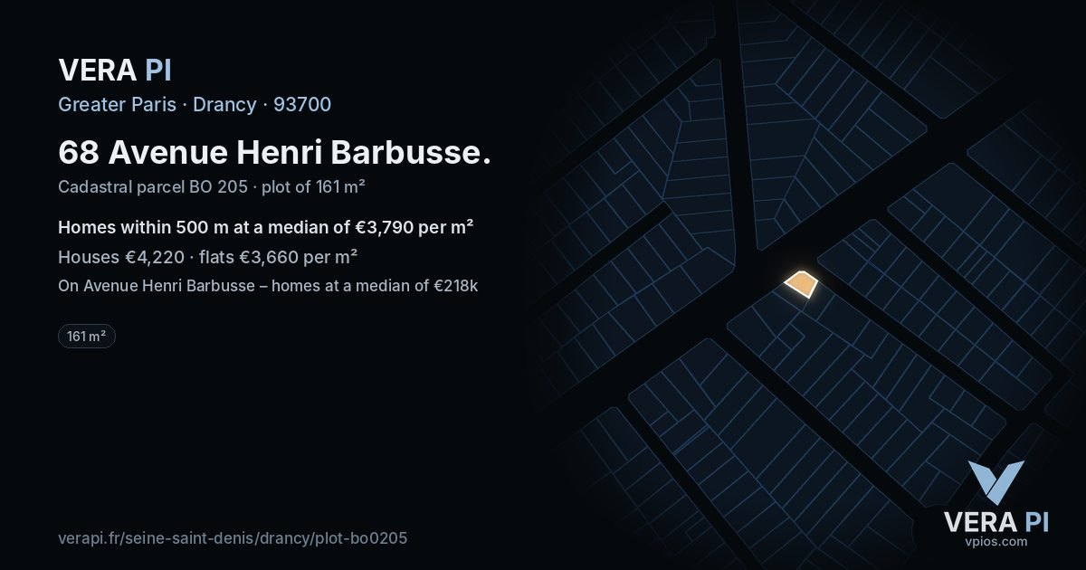 68 Avenue Henri Barbusse, Drancy at night – the plot lit, the parcels around coloured by the prices near them