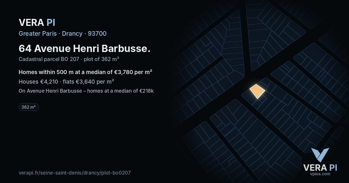64 Avenue Henri Barbusse, Drancy at night – the plot lit, the parcels around coloured by the prices near them