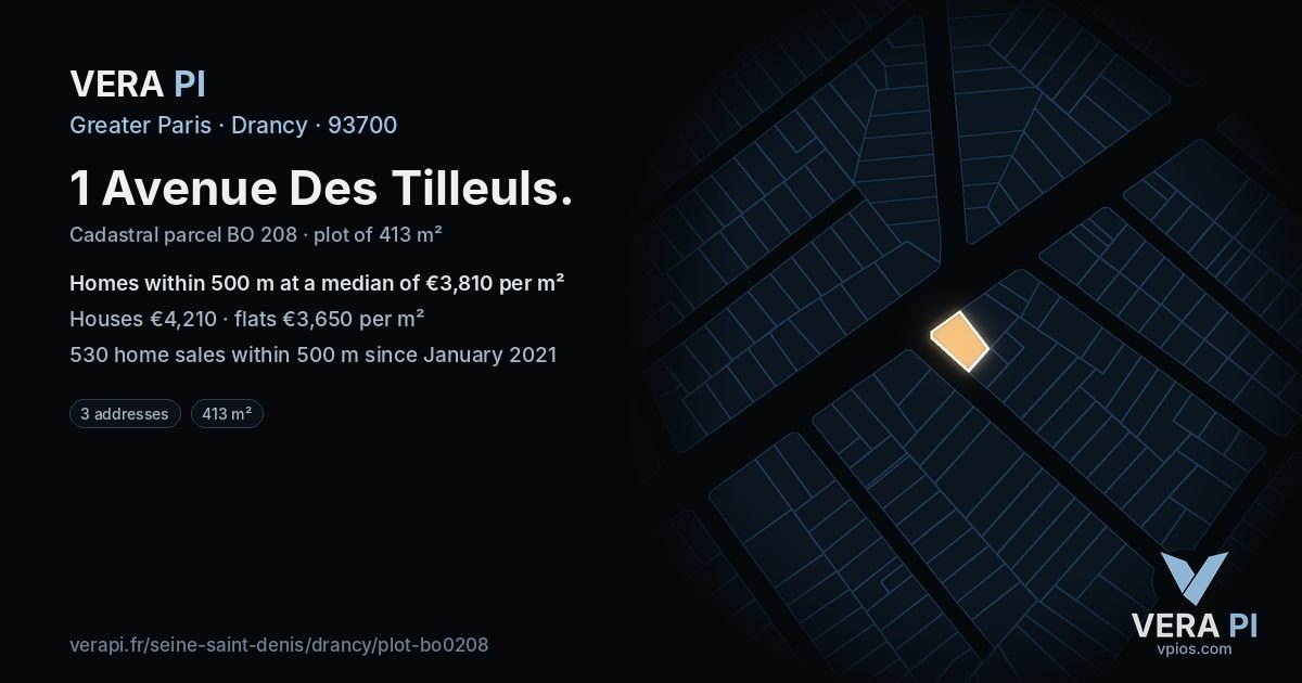 1 Avenue Des Tilleuls, Drancy at night – the plot lit, the parcels around coloured by the prices near them