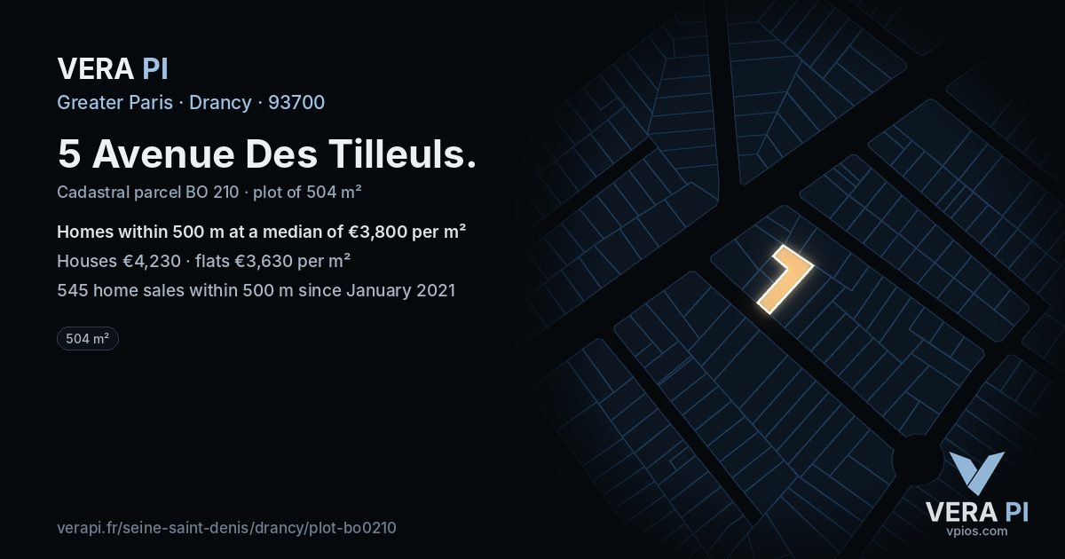 5 Avenue Des Tilleuls, Drancy at night – the plot lit, the parcels around coloured by the prices near them