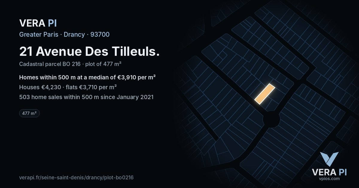 21 Avenue Des Tilleuls, Drancy at night – the plot lit, the parcels around coloured by the prices near them