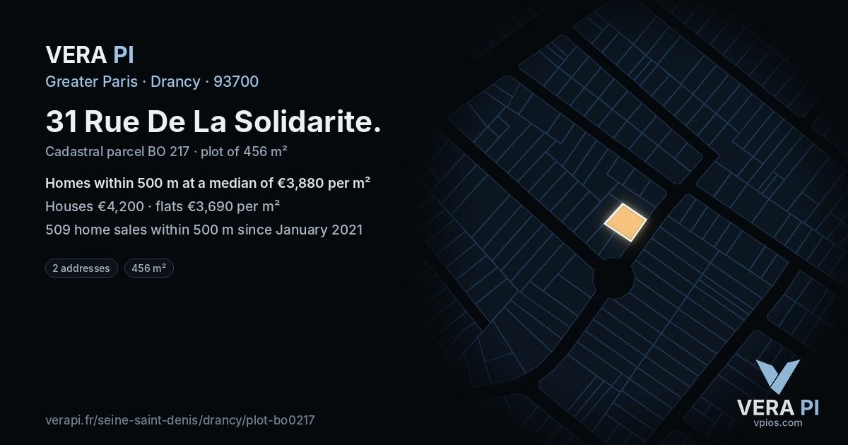 31 Rue De La Solidarite, Drancy at night – the plot lit, the parcels around coloured by the prices near them