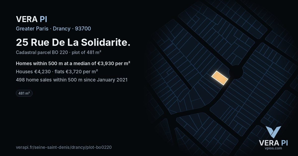 25 Rue De La Solidarite, Drancy at night – the plot lit, the parcels around coloured by the prices near them