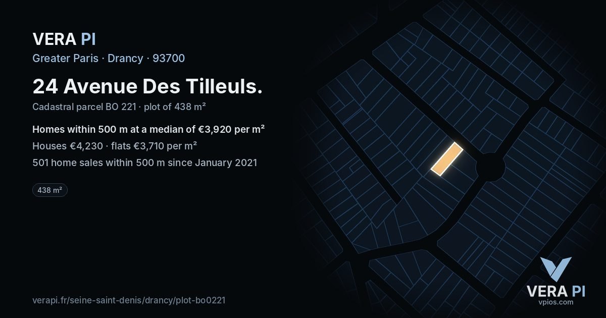 24 Avenue Des Tilleuls, Drancy at night – the plot lit, the parcels around coloured by the prices near them