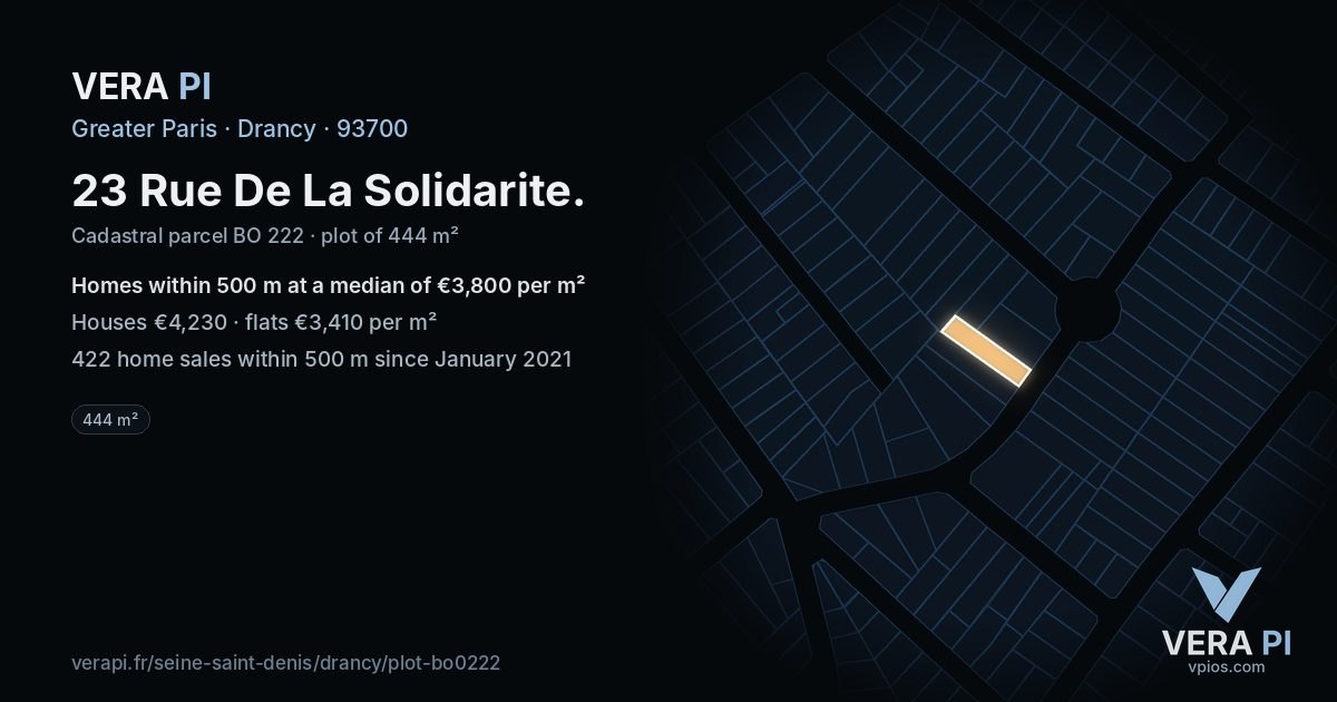 23 Rue De La Solidarite, Drancy at night – the plot lit, the parcels around coloured by the prices near them