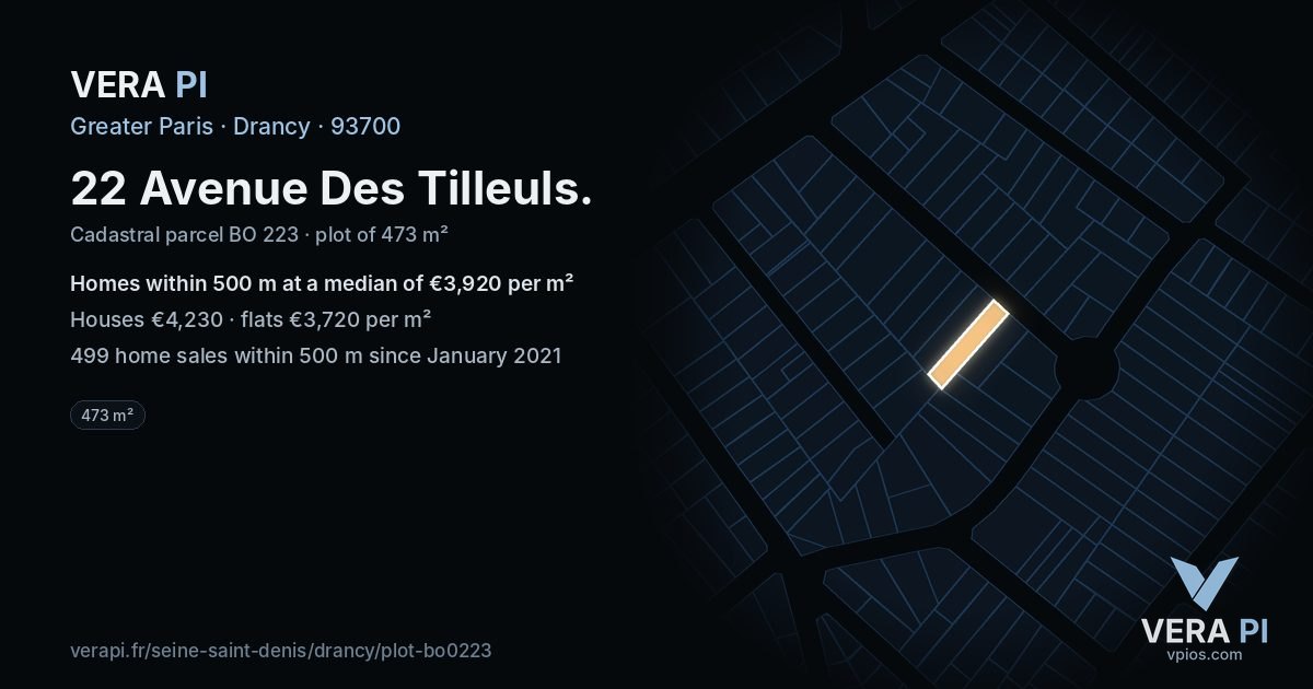 22 Avenue Des Tilleuls, Drancy at night – the plot lit, the parcels around coloured by the prices near them