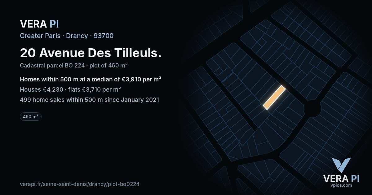 20 Avenue Des Tilleuls, Drancy at night – the plot lit, the parcels around coloured by the prices near them