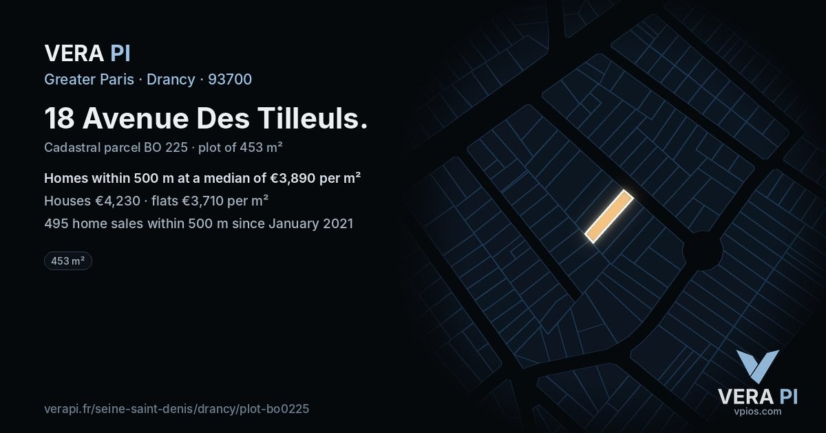 18 Avenue Des Tilleuls, Drancy at night – the plot lit, the parcels around coloured by the prices near them
