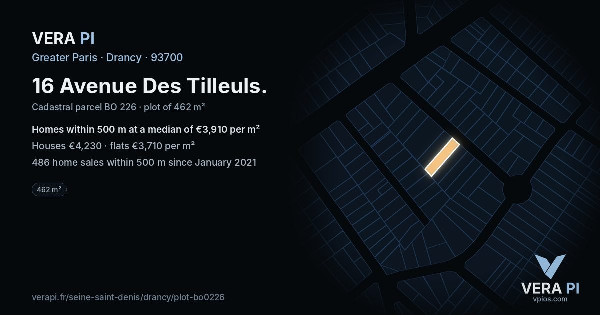16 Avenue Des Tilleuls, Drancy at night – the plot lit, the parcels around coloured by the prices near them