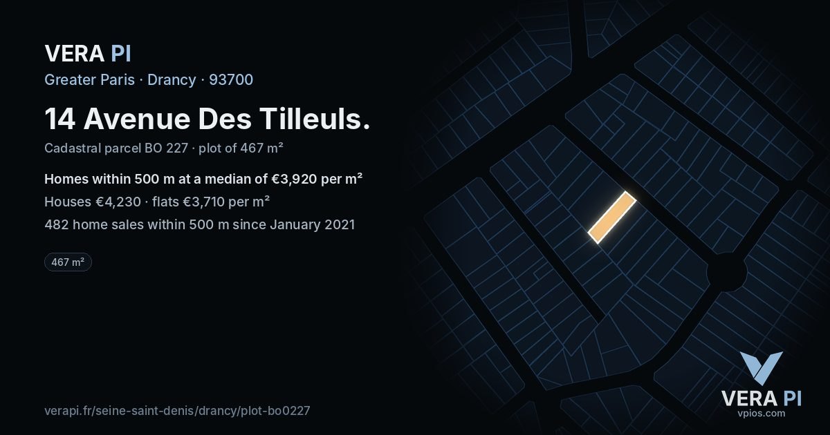 14 Avenue Des Tilleuls, Drancy at night – the plot lit, the parcels around coloured by the prices near them