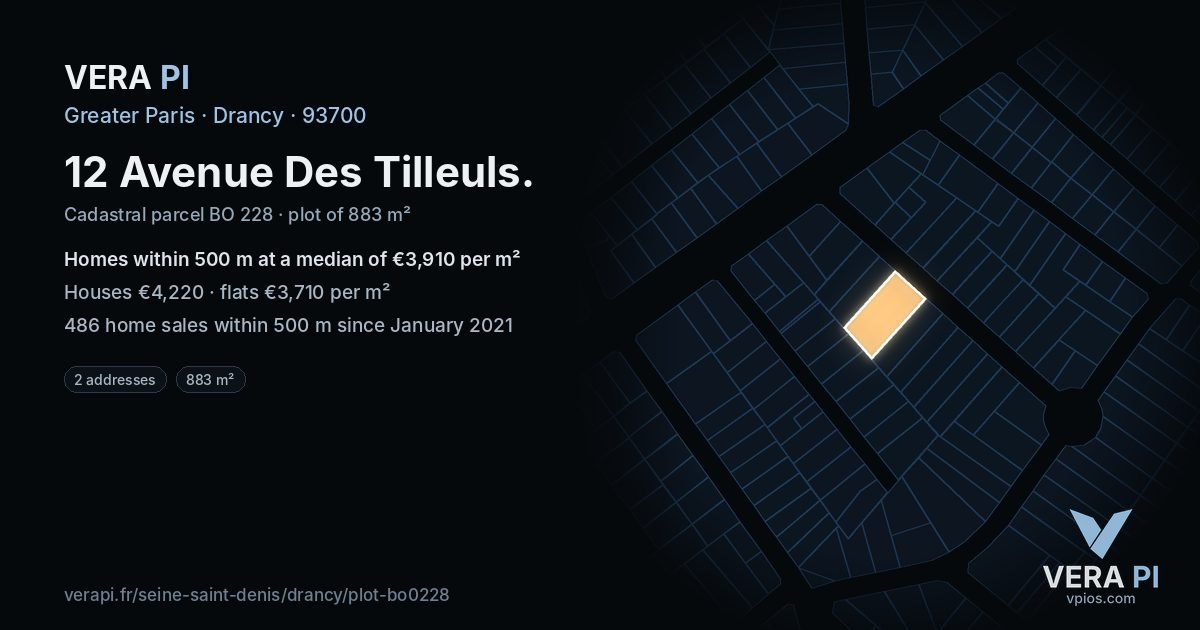 12 Avenue Des Tilleuls, Drancy at night – the plot lit, the parcels around coloured by the prices near them