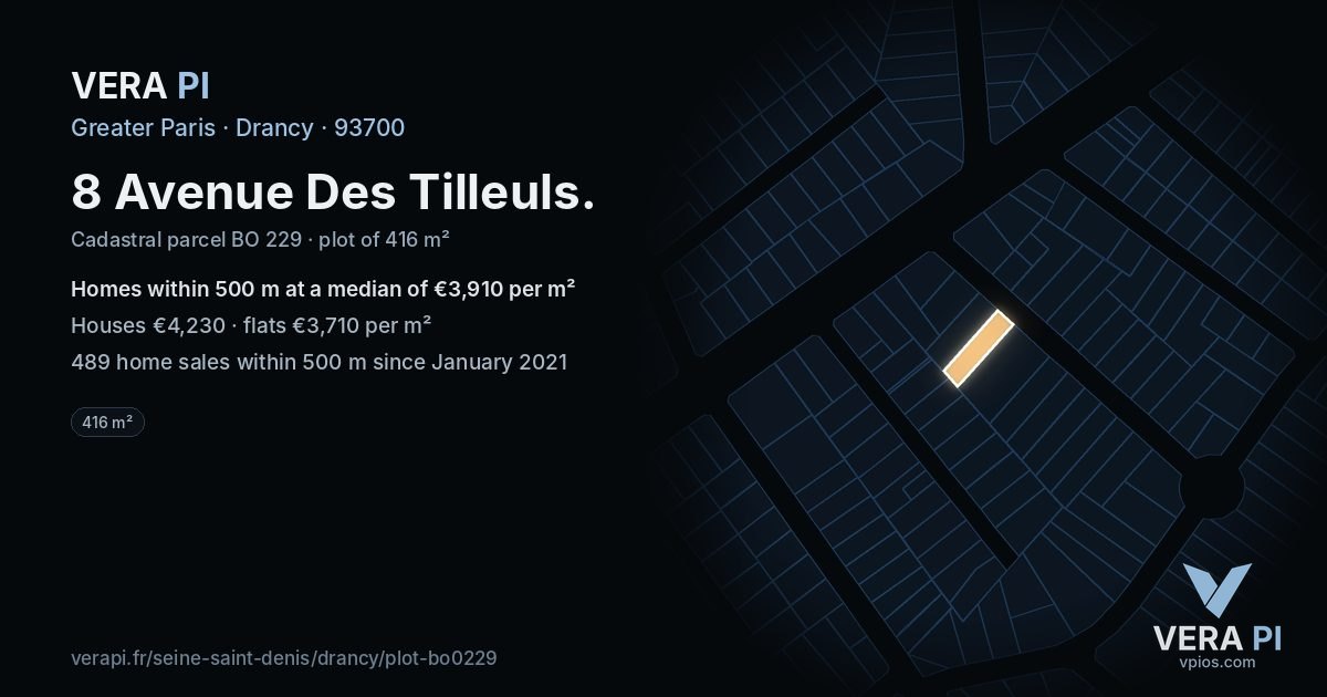 8 Avenue Des Tilleuls, Drancy at night – the plot lit, the parcels around coloured by the prices near them