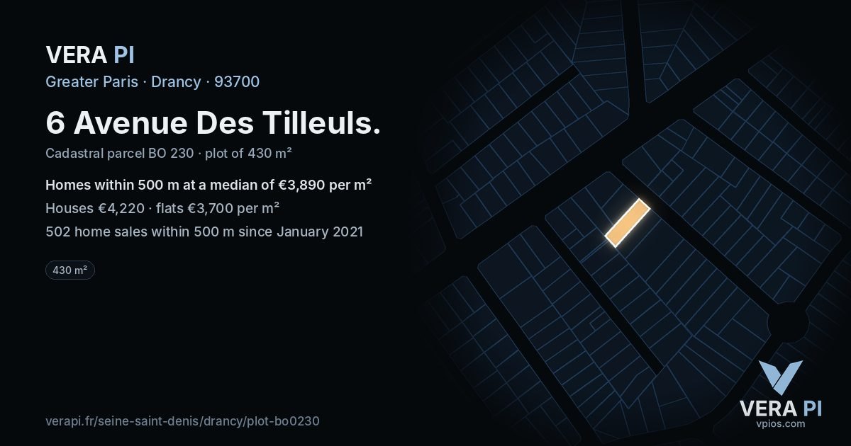 6 Avenue Des Tilleuls, Drancy at night – the plot lit, the parcels around coloured by the prices near them
