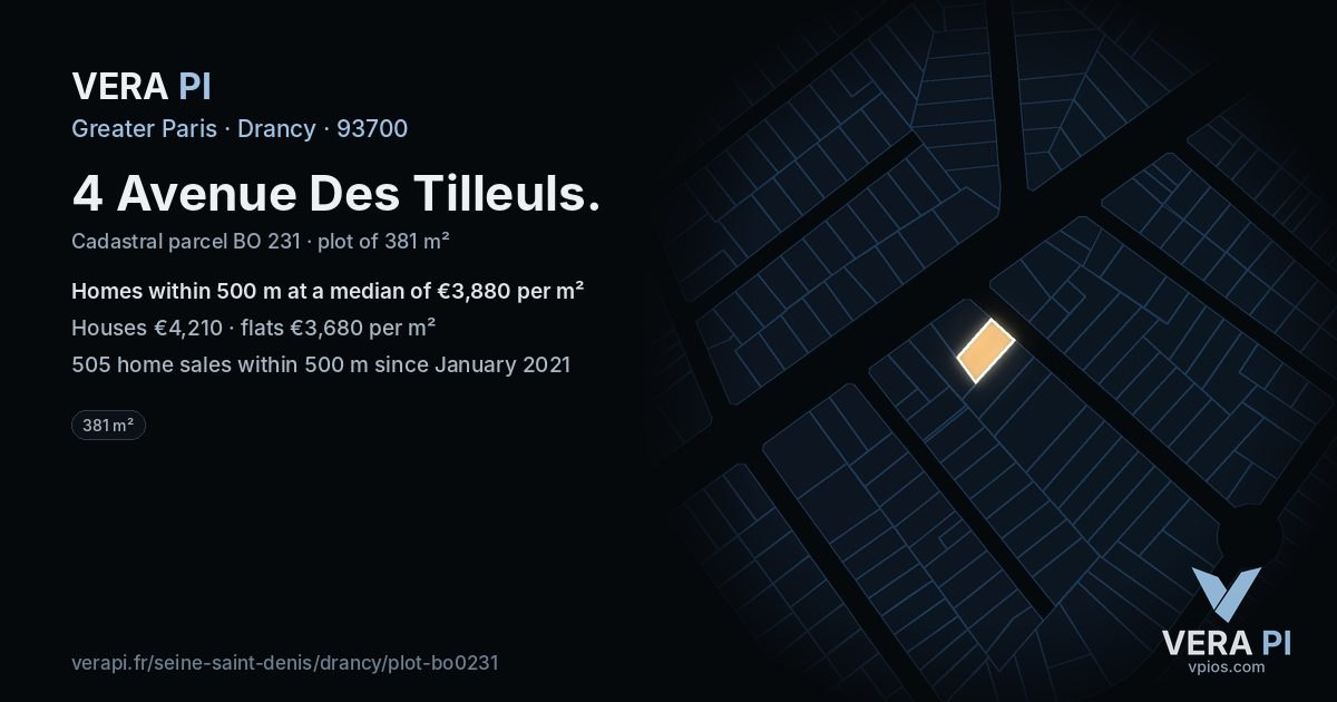 4 Avenue Des Tilleuls, Drancy at night – the plot lit, the parcels around coloured by the prices near them