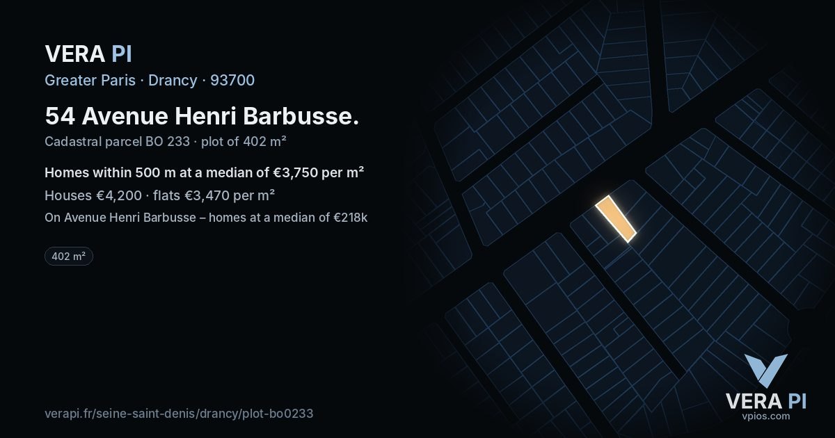 54 Avenue Henri Barbusse, Drancy at night – the plot lit, the parcels around coloured by the prices near them