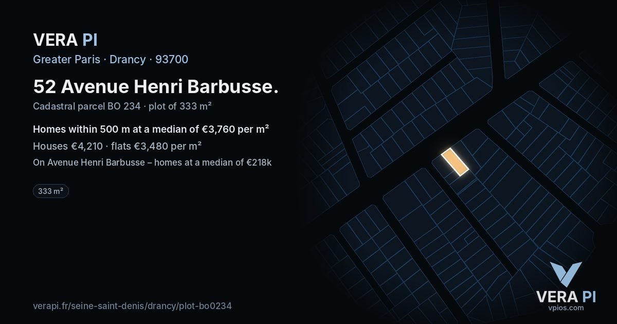 52 Avenue Henri Barbusse, Drancy at night – the plot lit, the parcels around coloured by the prices near them