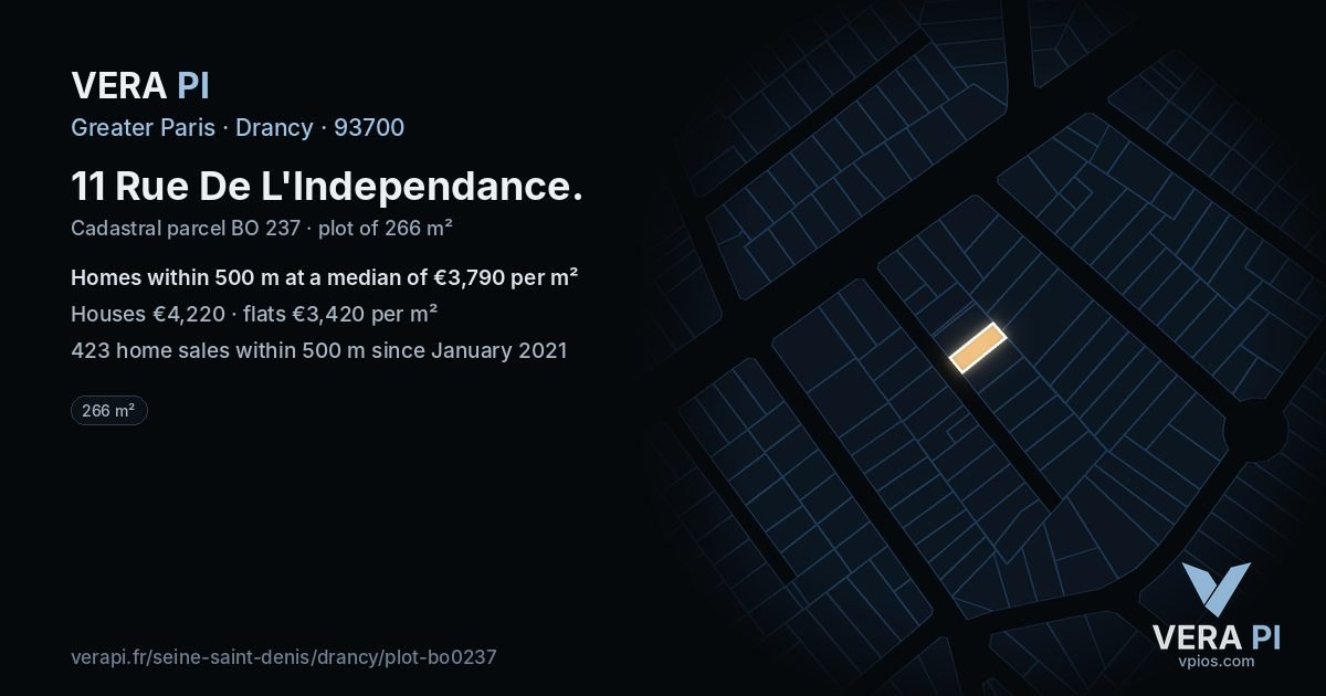 11 Rue De L'Independance, Drancy at night – the plot lit, the parcels around coloured by the prices near them