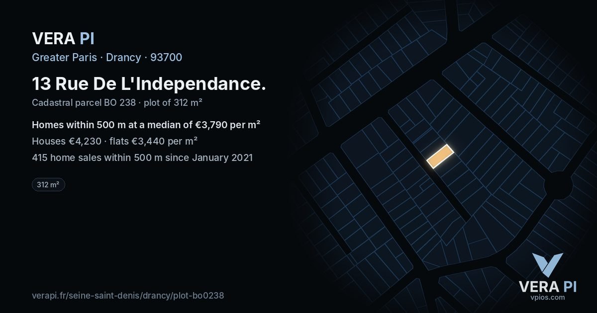 13 Rue De L'Independance, Drancy at night – the plot lit, the parcels around coloured by the prices near them
