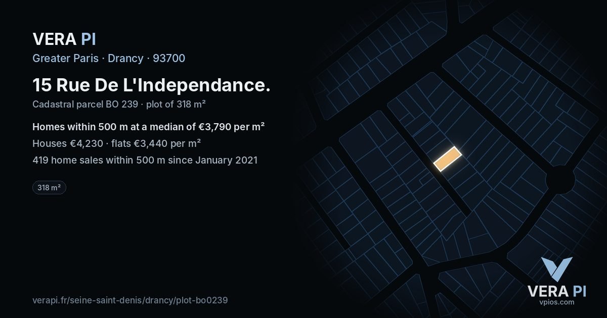 15 Rue De L'Independance, Drancy at night – the plot lit, the parcels around coloured by the prices near them