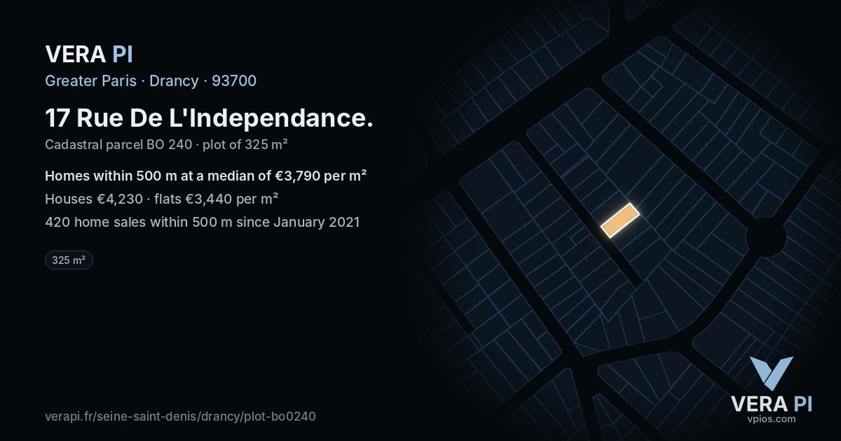 17 Rue De L'Independance, Drancy at night – the plot lit, the parcels around coloured by the prices near them