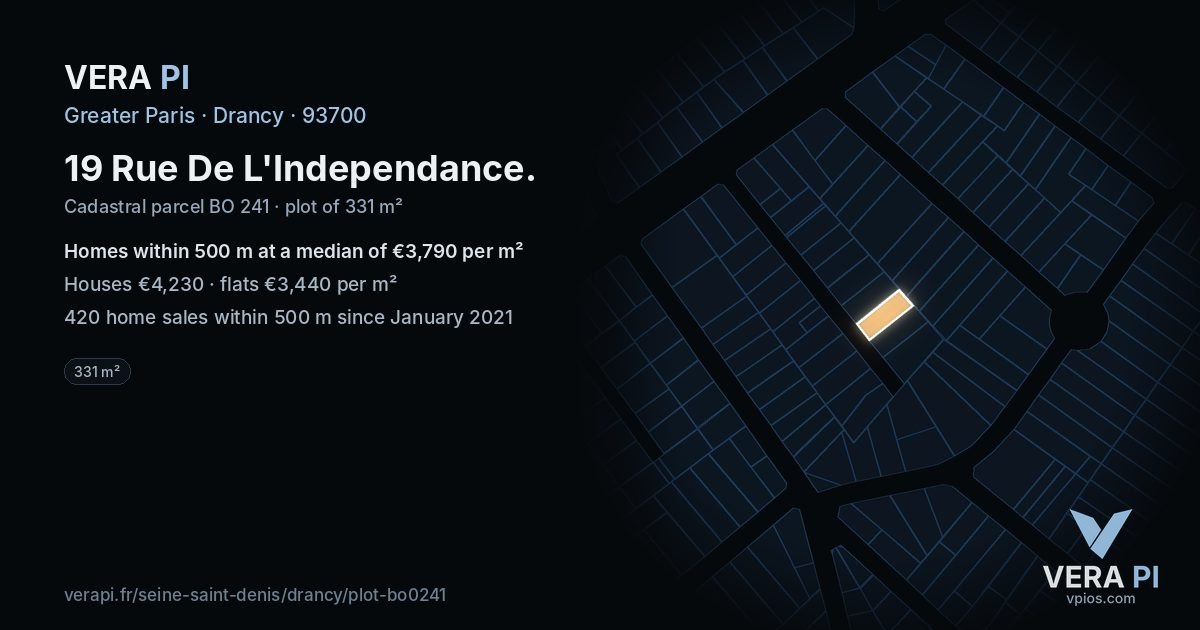 19 Rue De L'Independance, Drancy at night – the plot lit, the parcels around coloured by the prices near them