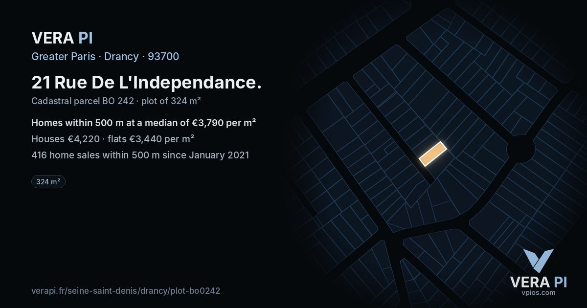 21 Rue De L'Independance, Drancy at night – the plot lit, the parcels around coloured by the prices near them