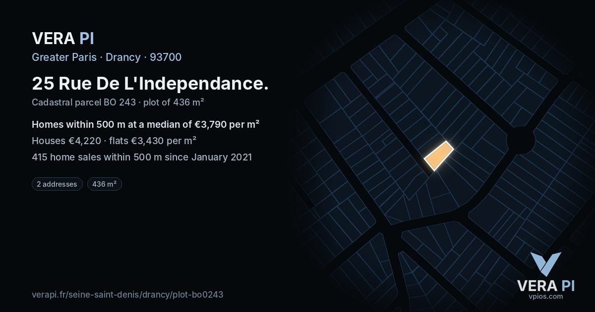25 Rue De L'Independance, Drancy at night – the plot lit, the parcels around coloured by the prices near them