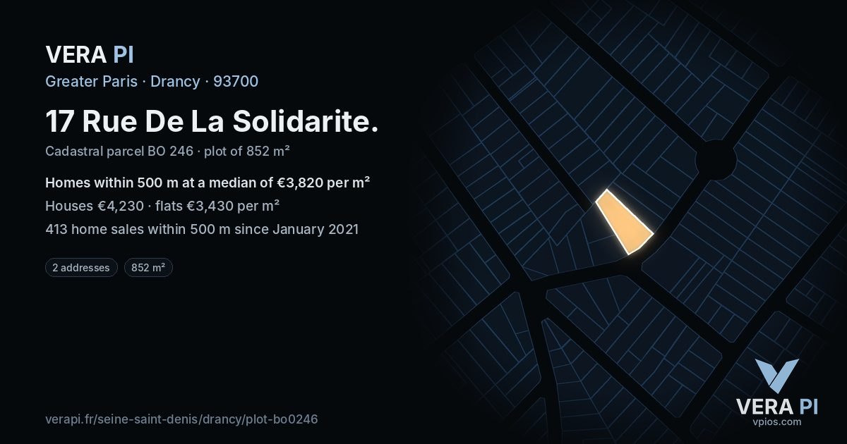 17 Rue De La Solidarite, Drancy at night – the plot lit, the parcels around coloured by the prices near them