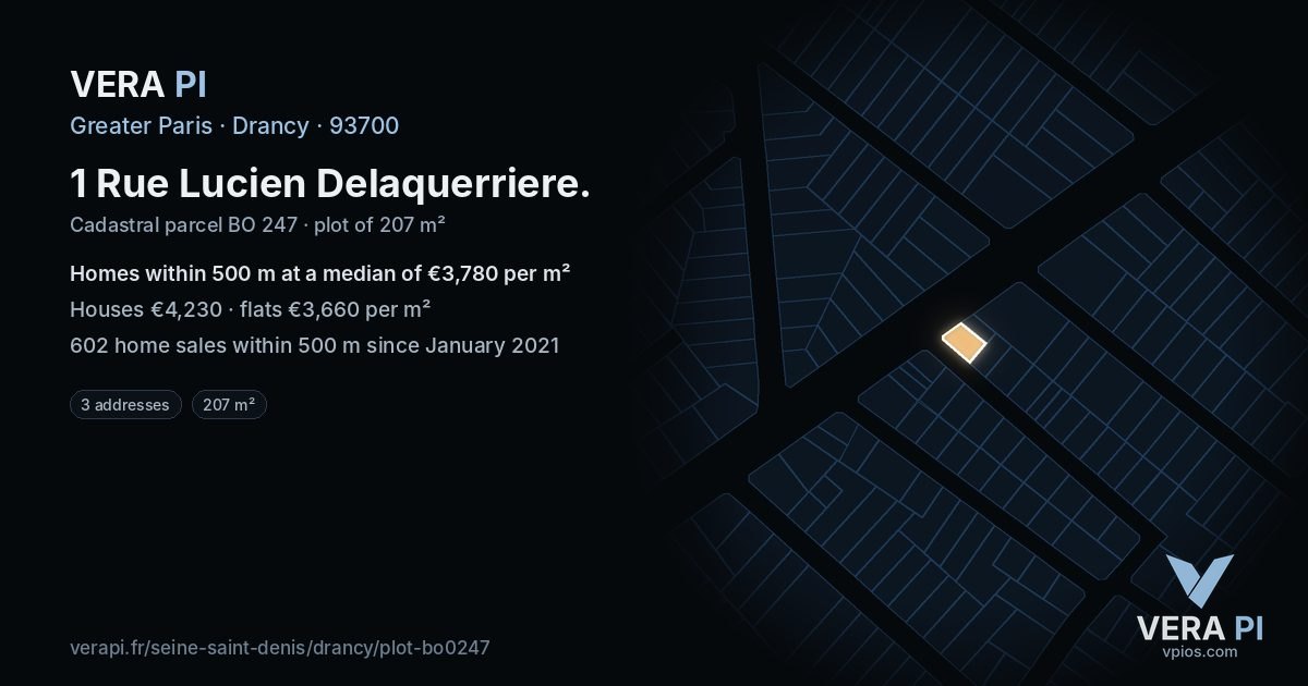 1 Rue Lucien Delaquerriere, Drancy at night – the plot lit, the parcels around coloured by the prices near them