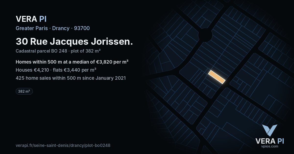 30 Rue Jacques Jorissen, Drancy at night – the plot lit, the parcels around coloured by the prices near them
