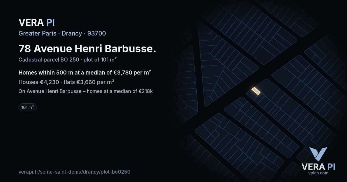 78 Avenue Henri Barbusse, Drancy at night – the plot lit, the parcels around coloured by the prices near them