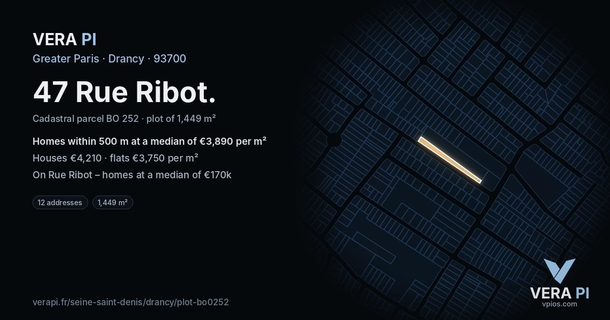 47 Rue Ribot, Drancy at night – the plot lit, the parcels around coloured by the prices near them